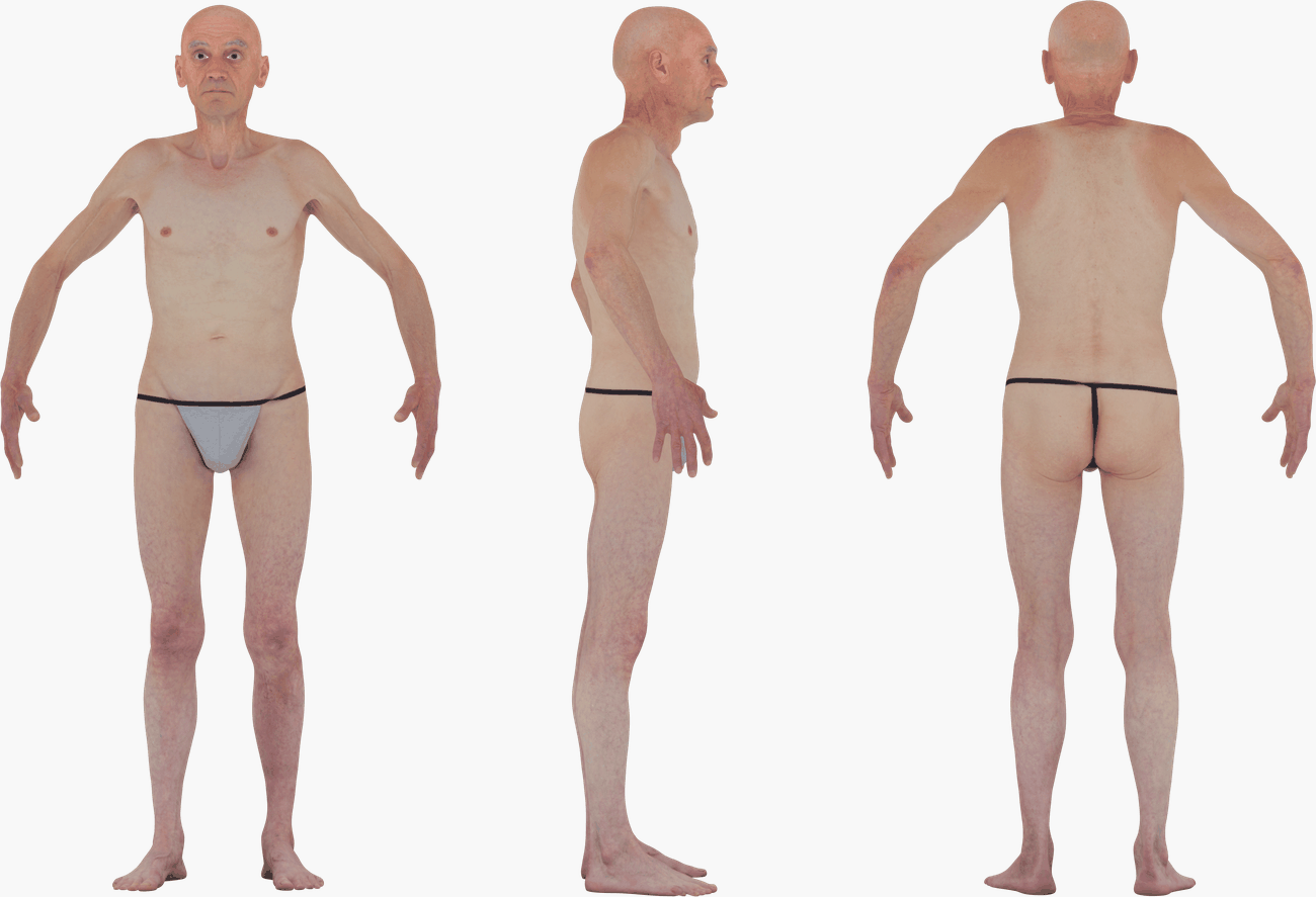 PBR texture map set for an older male 3D body scan including Albedo, Normals, Specular, Metalness and Diffuse channels